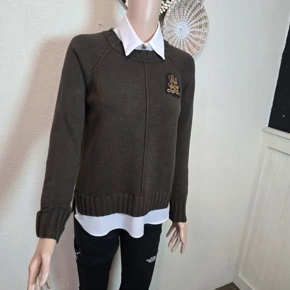 LAUREN RALPH LAUREN Womens Sweater Layered Bullion Patch Logo Brown Small - Picture 16 of 16